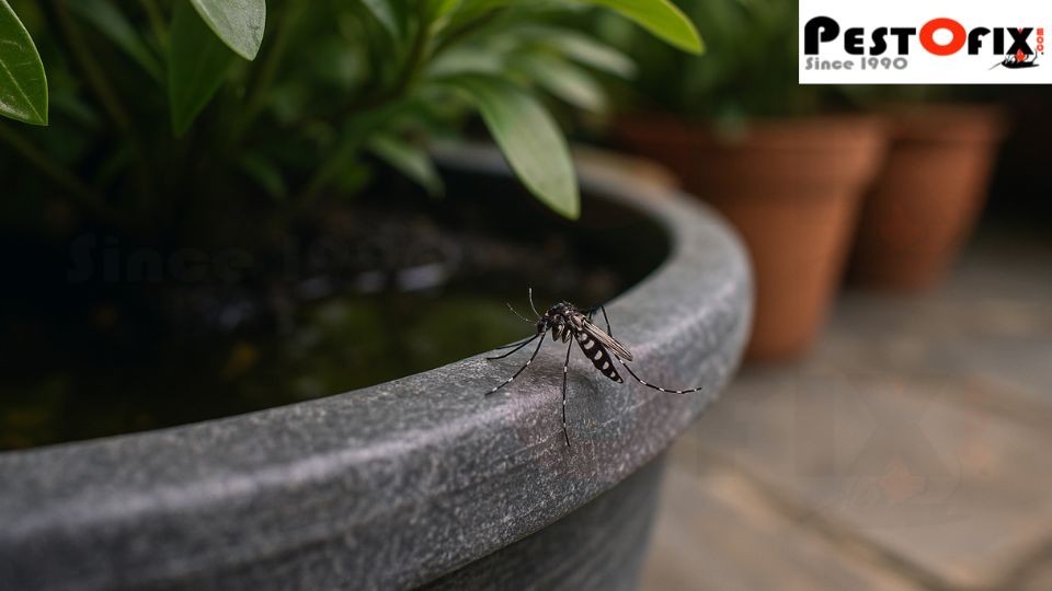 Mosquito breeding in stagnant water collected in garden plant pots at Gurgaon home