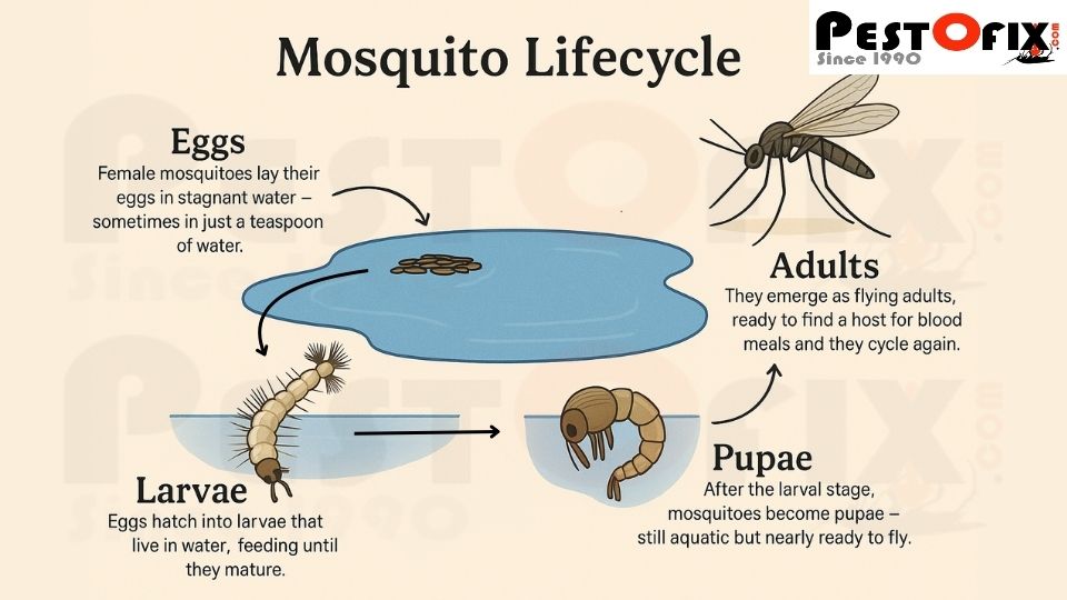 Mosquito lifecycle stages showing eggs, larvae, pupae, and adult mosquito