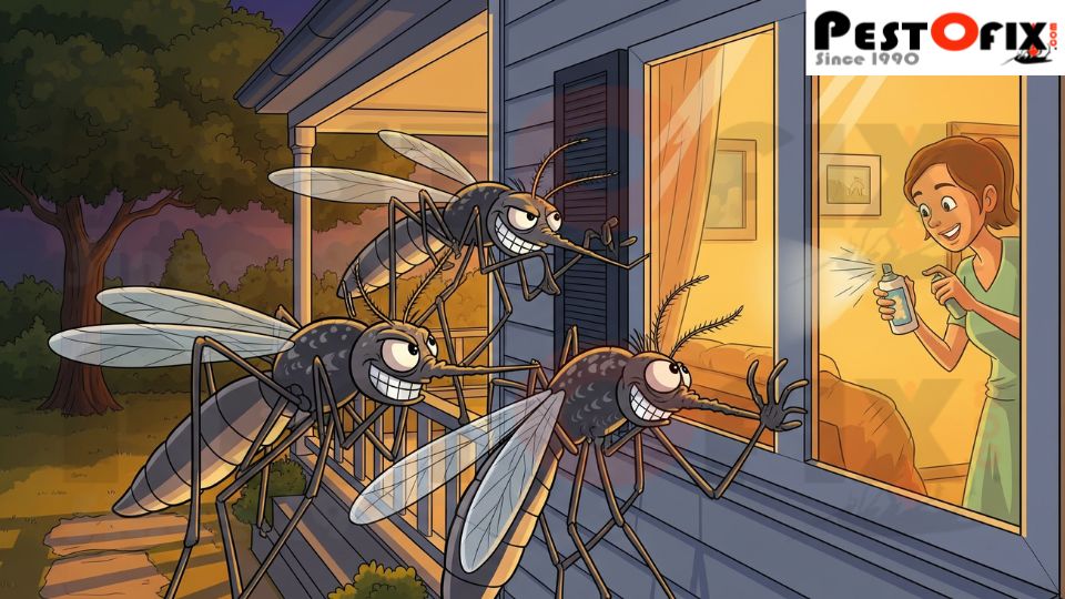 Mosquitoes waiting outside despite DIY mosquito spray attempts inside the home
