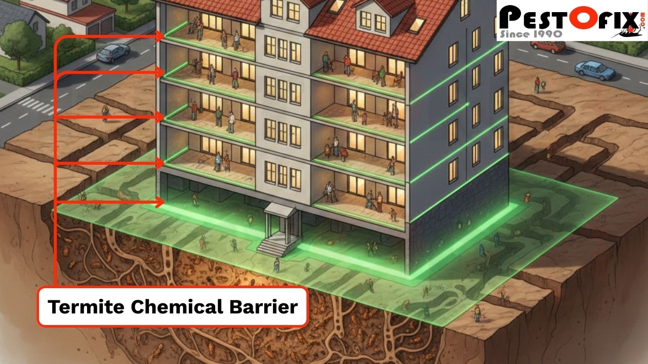 Cross-sectional view showing multi-level green termite protection barriers under and within a four-floor building