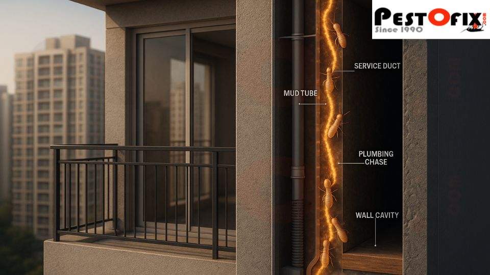 Cross-sectional view of a 25th-floor apartment in Noida showing termite pathways through concealed service ducts, wall cavities, and plumbing shafts