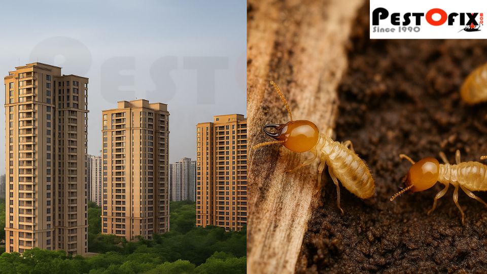 High-rise apartments in Noida with close-up of termite damage on wooden surface