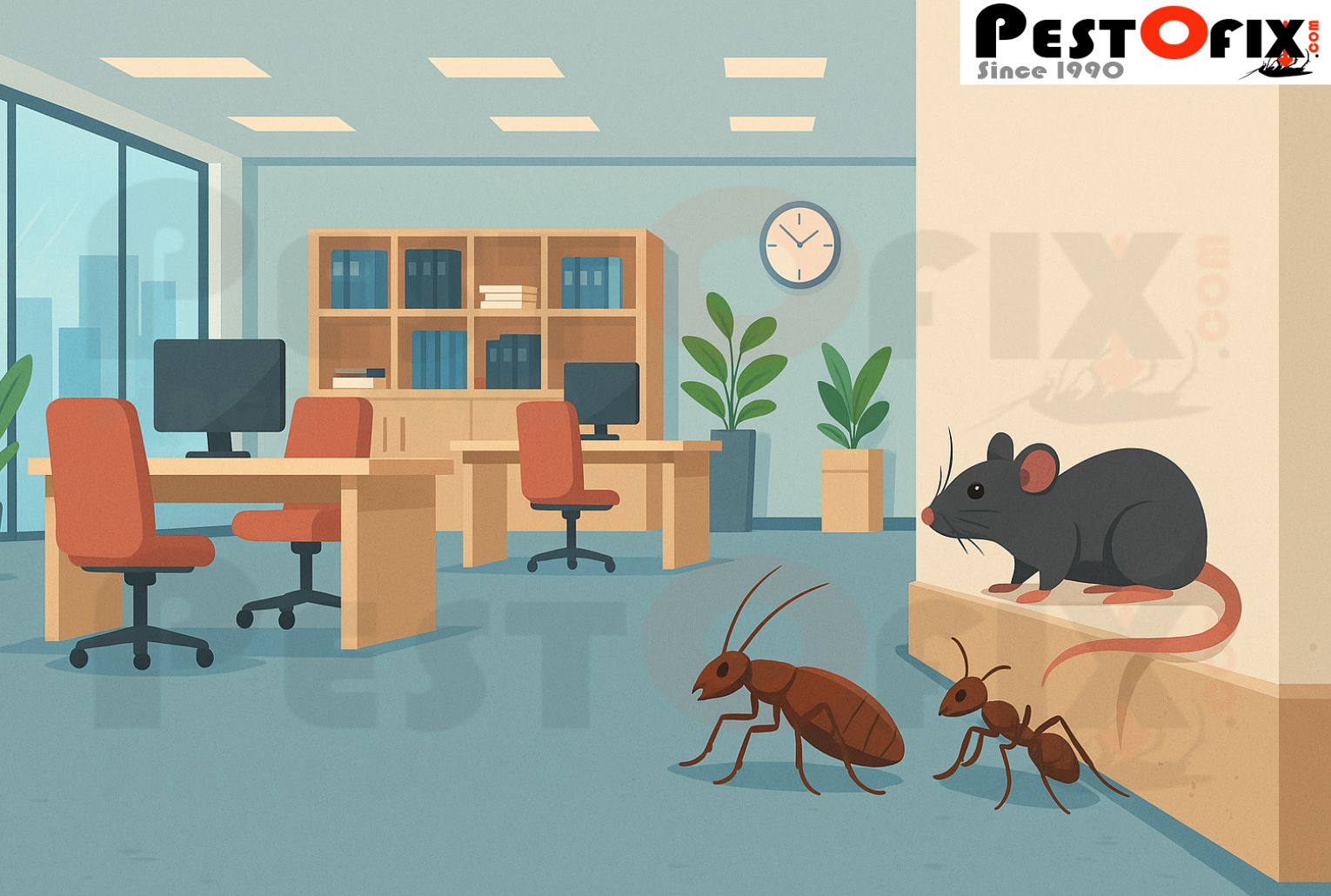 Pests sneaking into a clean office from the bottom right corner near the pantry area