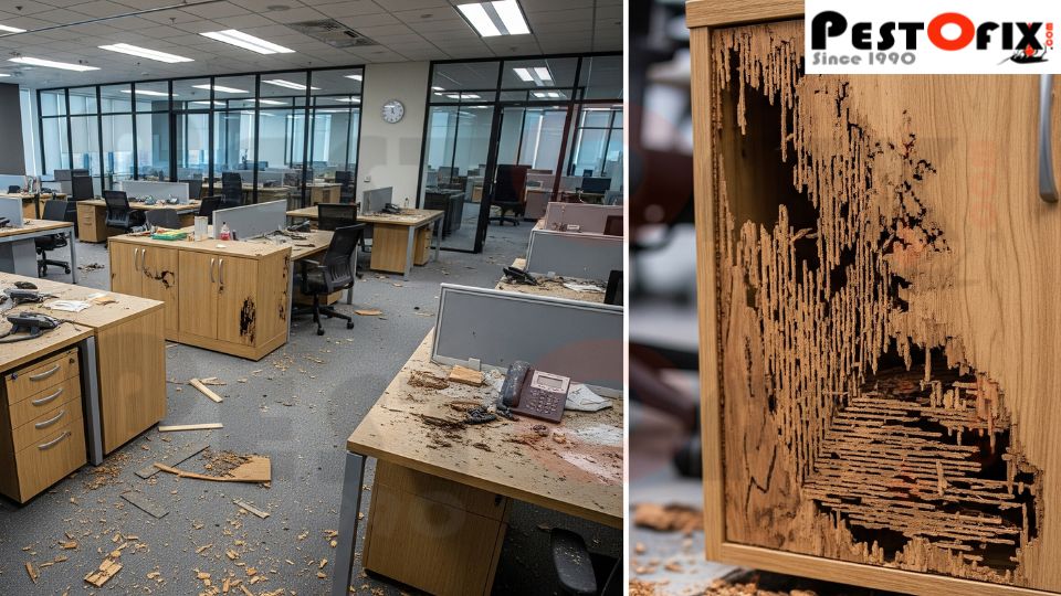 Wide view of 5-6 termite damaged office tables and chairs with a close-up of termite-infested damaged office cupboard and table