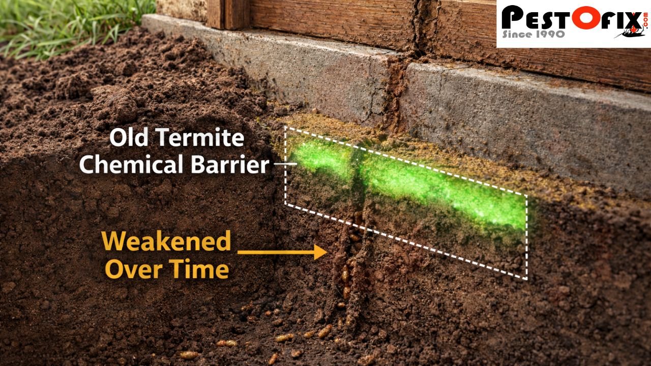 3D cutaway showing an old termite chemical barrier beneath a home foundation losing effectiveness over time