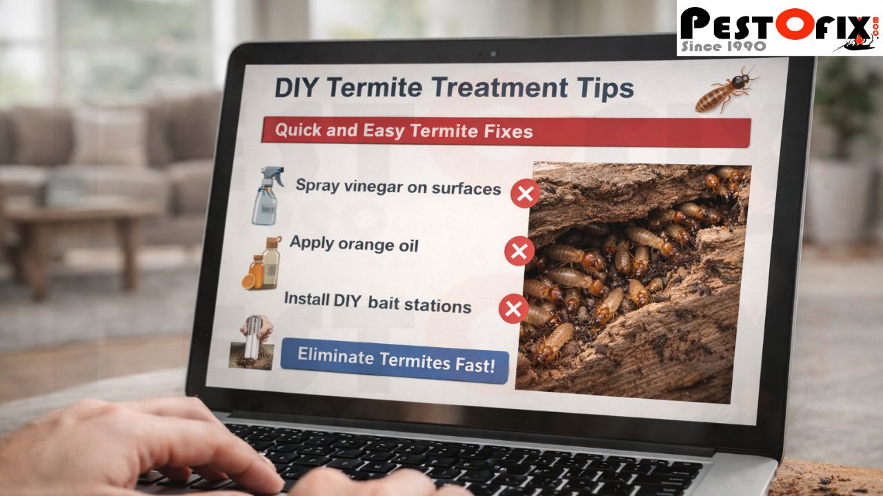 Online DIY termite fix tips shown on a computer screen while hidden termites continue damaging wood