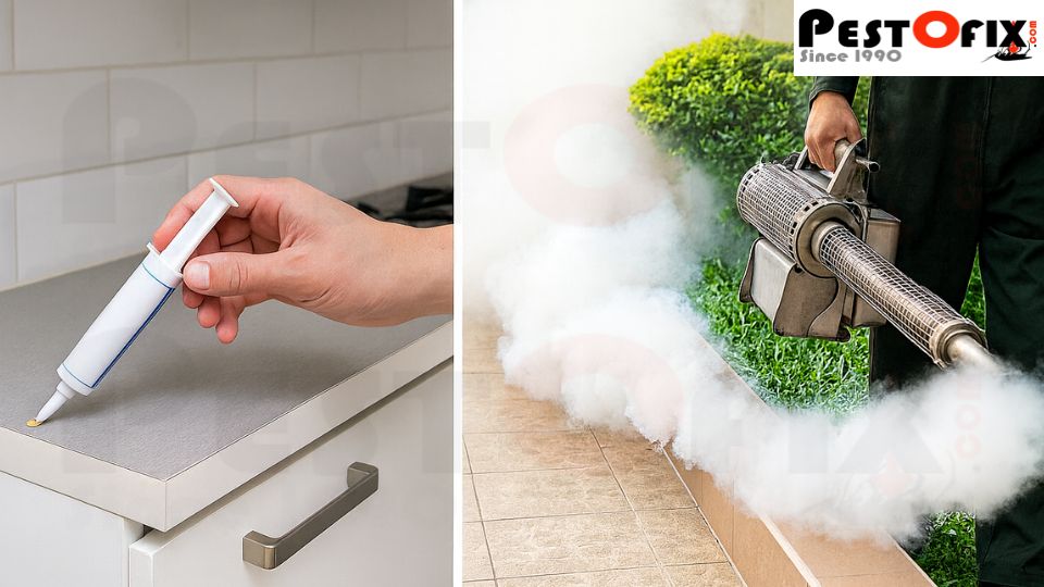 Cockroach gel bait applied in kitchen and outdoor mosquito fogging treatment for pest control in Delhi NCR homes