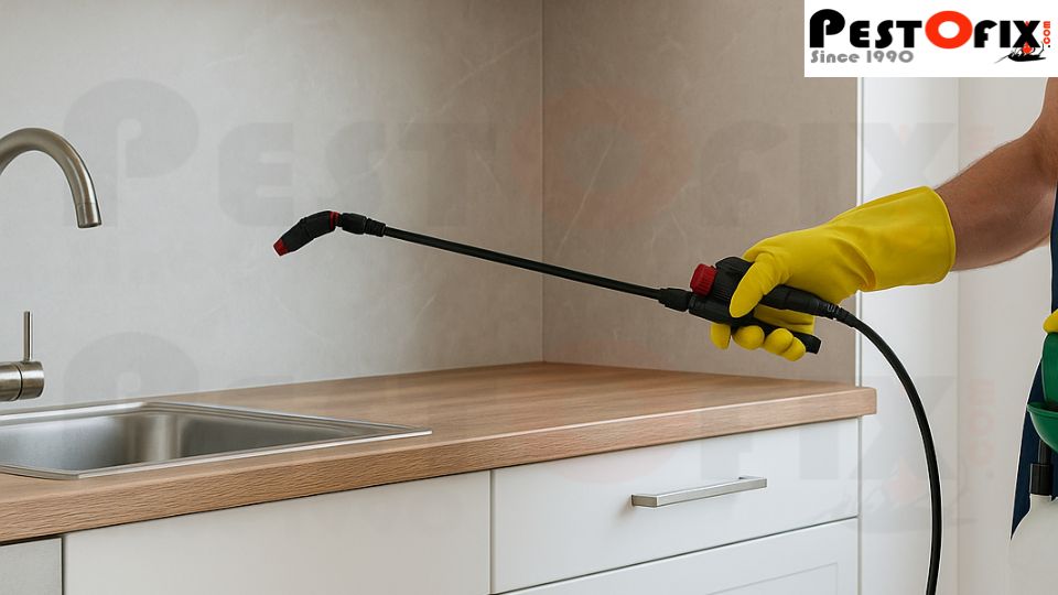 Professional pest control technician spraying odourless chemical to eliminate hidden cockroach and ant colonies inside kitchen corners