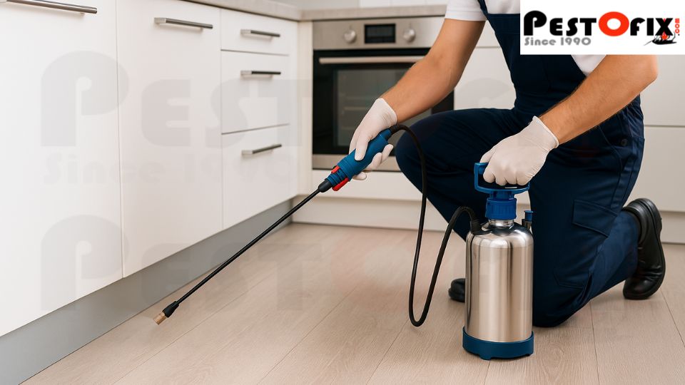 Certified technician performing safe pest control treatment in a Gurgaon residential home