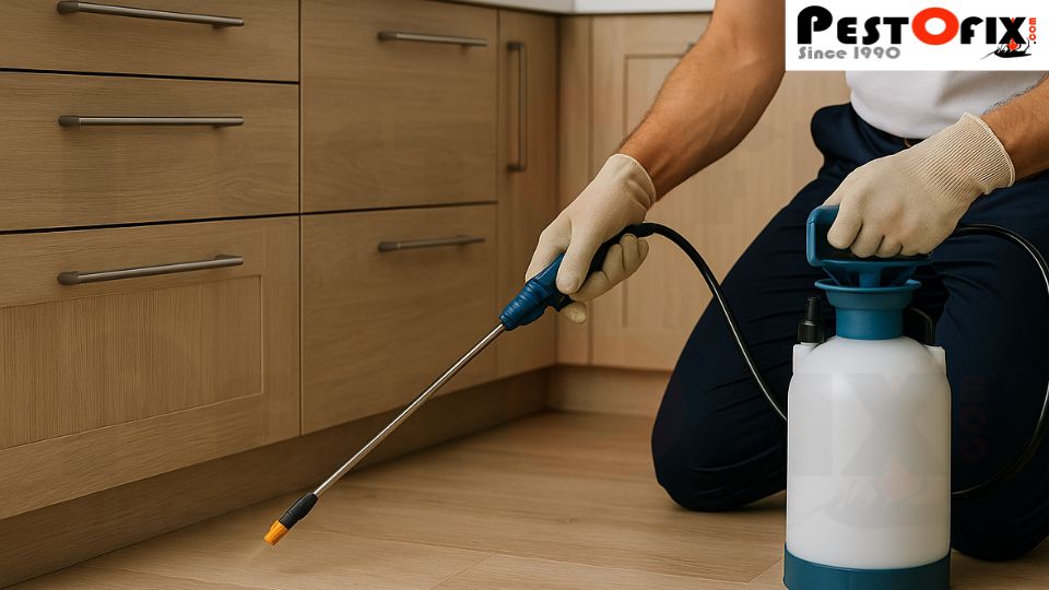 Pest control technician applying spray treatment in a modern South Delhi kitchen