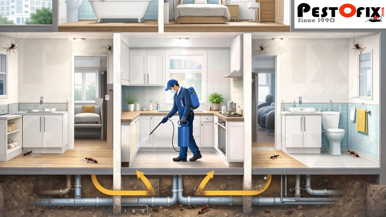 Pests re-entering a treated home through shared walls and plumbing from neighboring untreated residences