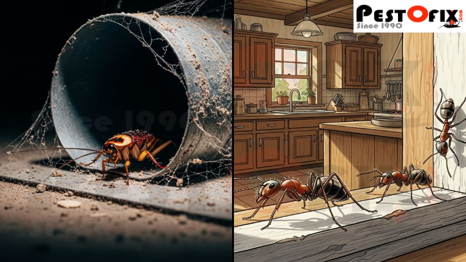 Cockroach entering through plumbing gap and ants sneaking in from unsealed window