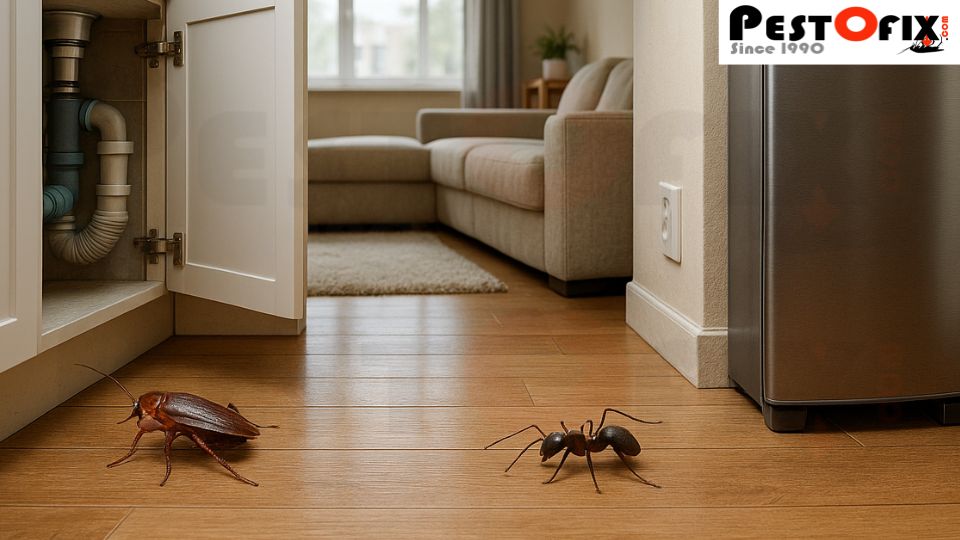 Cockroach, ant and spider entering home through hidden gaps and moisture zones in a Delhi NCR kitchen