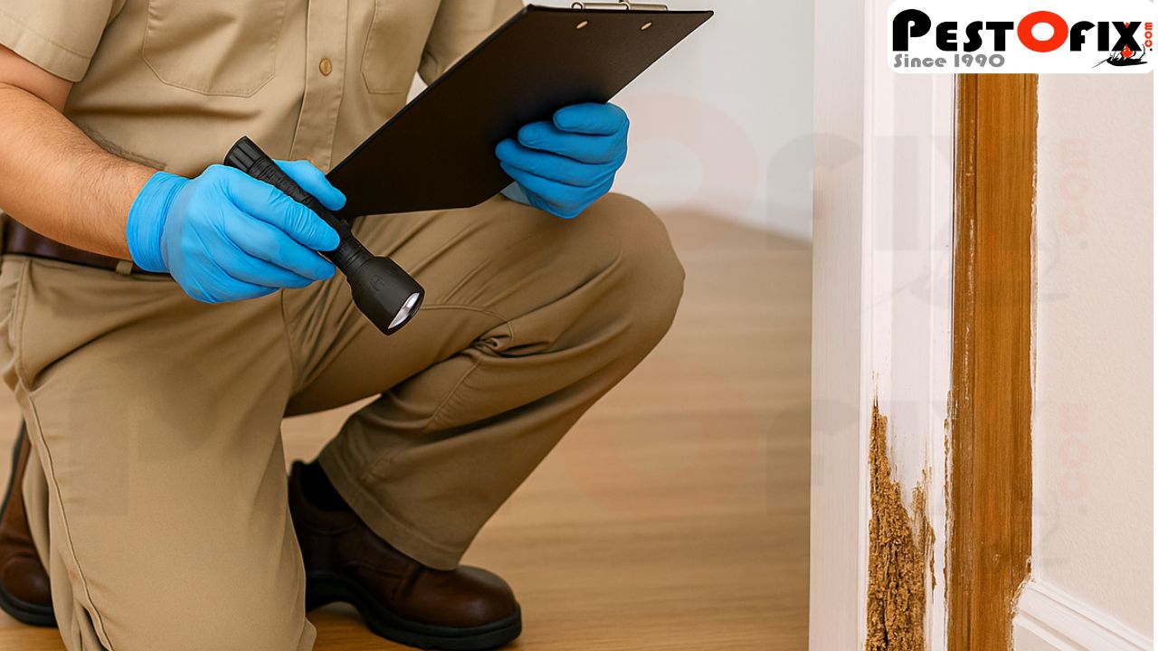Pestofix termite control technician inspecting damaged wooden frame with checklist in a Delhi home