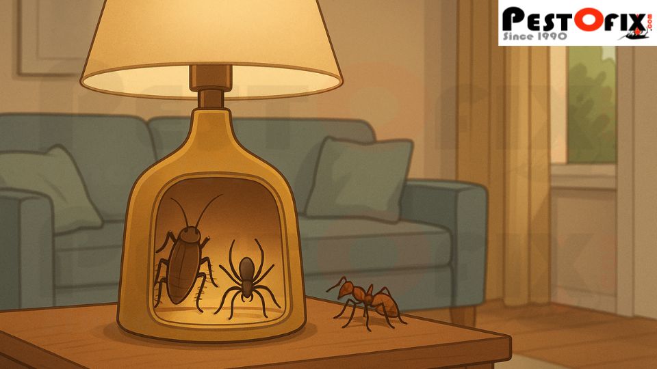 Cockroach, spider, and ant hiding inside the hollow base of a table lamp in a clean living room