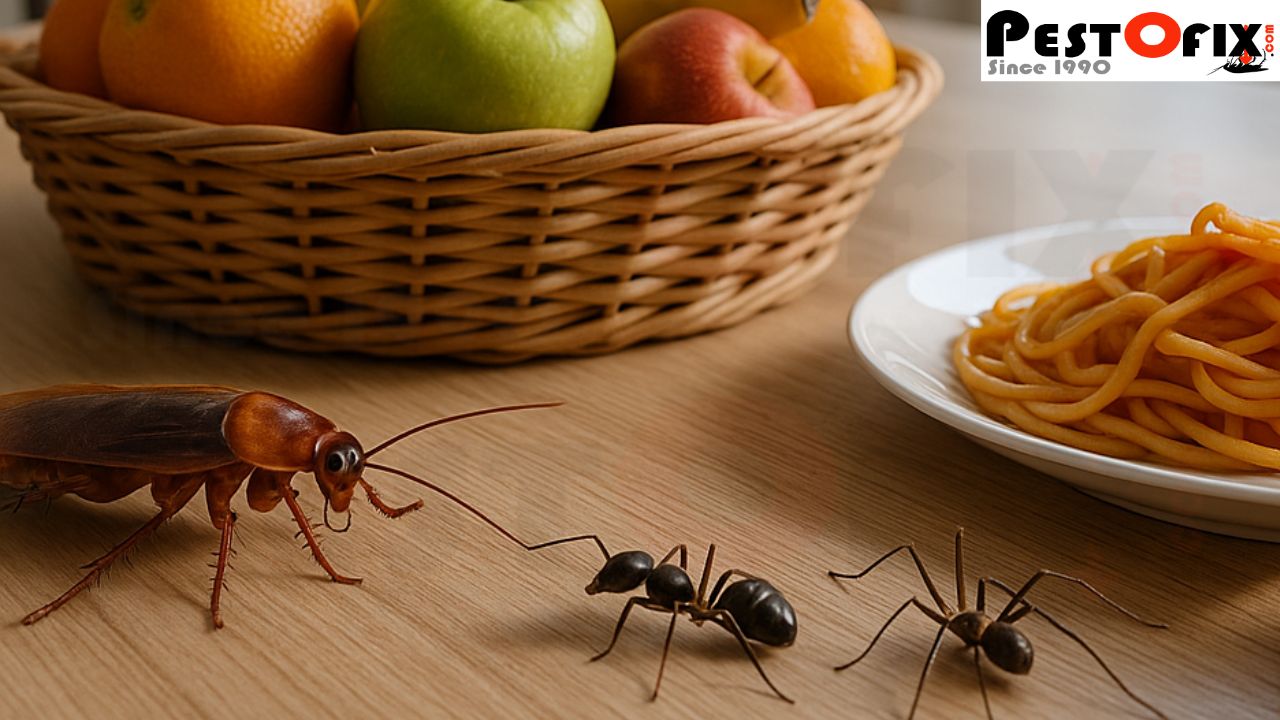 Cockroach, ant, and spider crawling near fruit basket and food on a dining table in a clean home