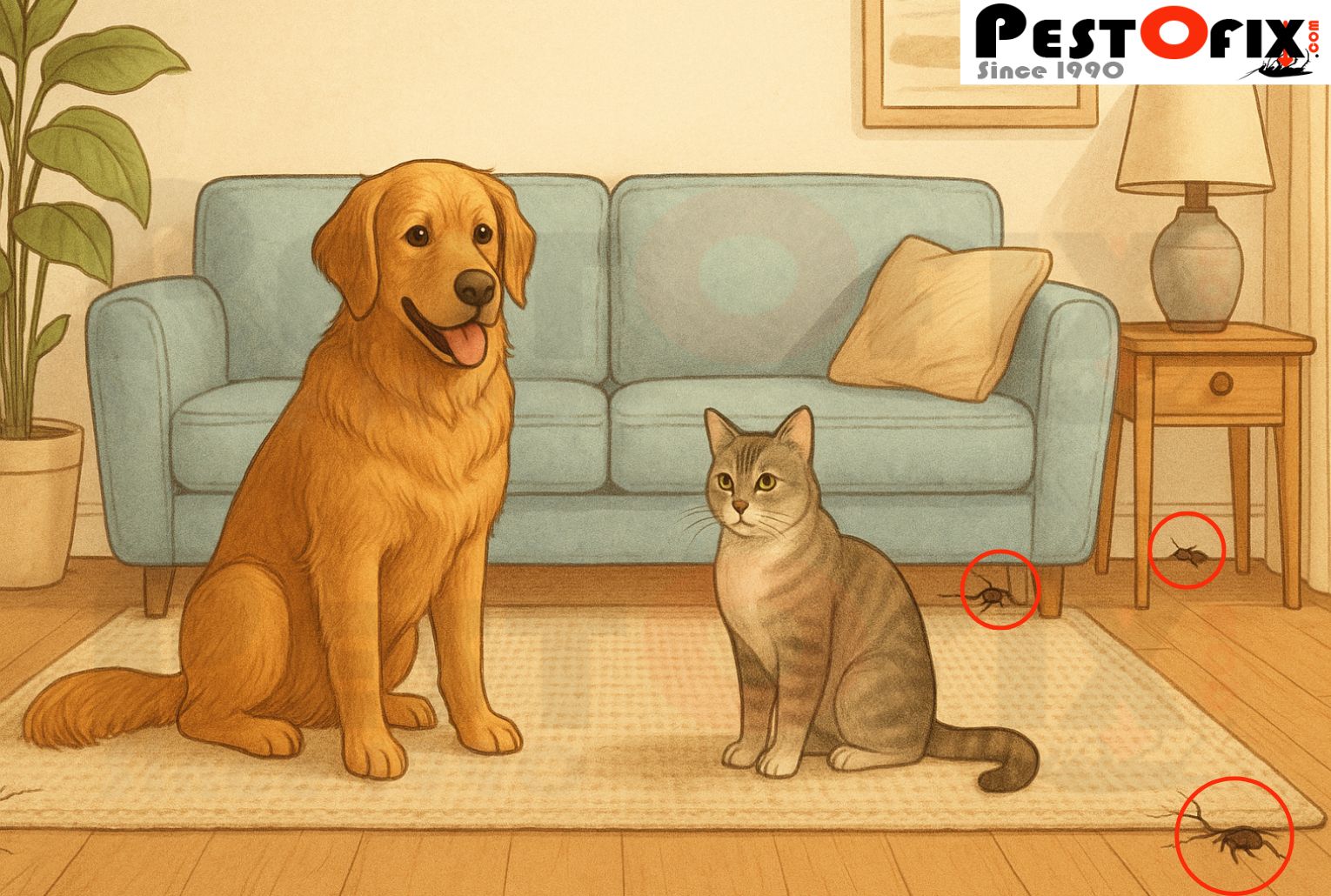 Illustration of dog and cat in a living room with hidden ticks nearby