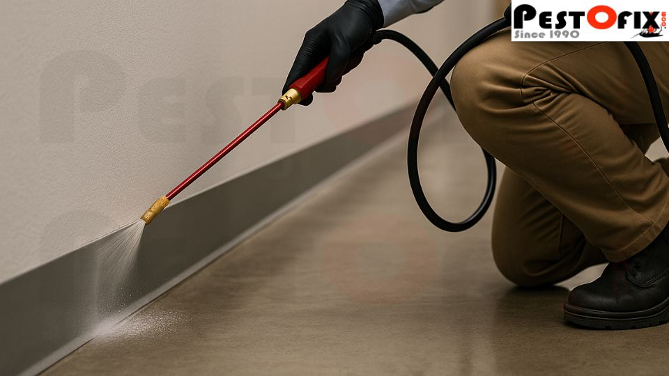 Technician applying post-construction termite treatment by spraying along wall-floor junction inside a warehouse in Delhi