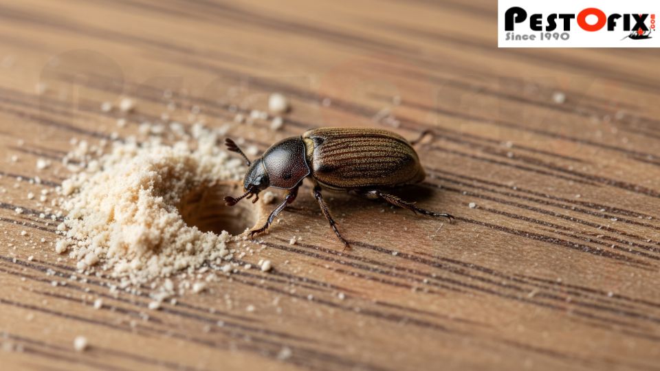Macro shot of a powder borer beetle creating a small round hole in wood