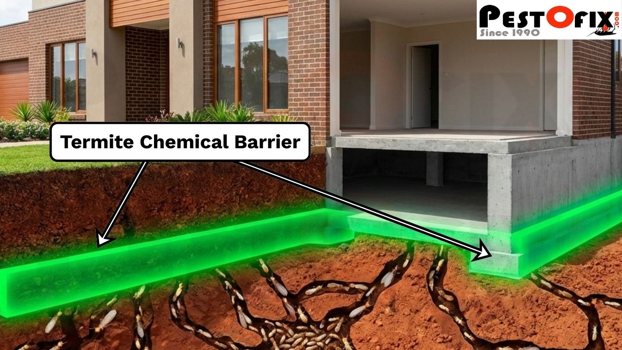 Cross-sectional view showing green chemical termite barrier under building foundation preventing termite entry
