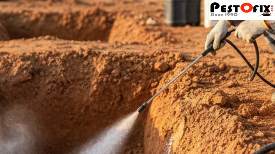 Technician spraying termite chemicals on dug soil at a pre-construction site in India