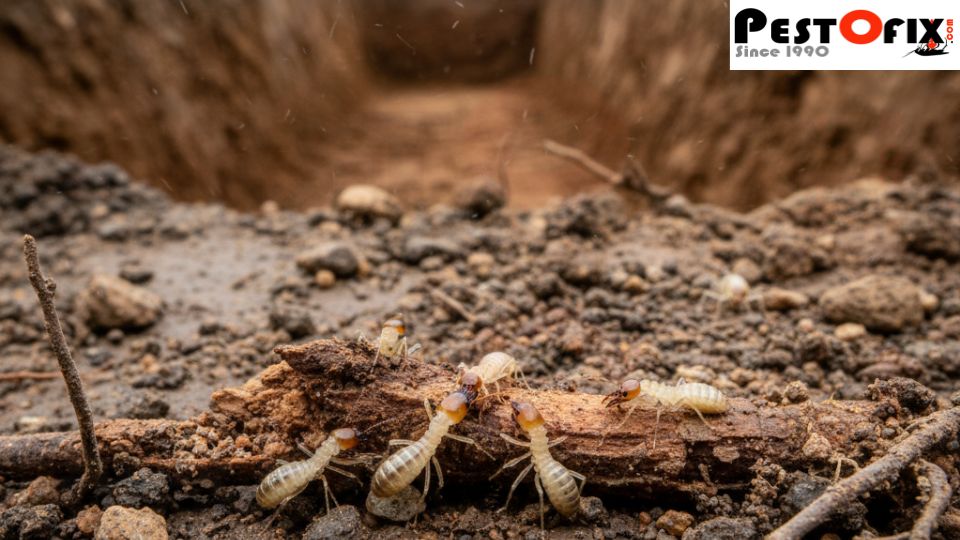 Close-up of termites at a pre-construction site in India