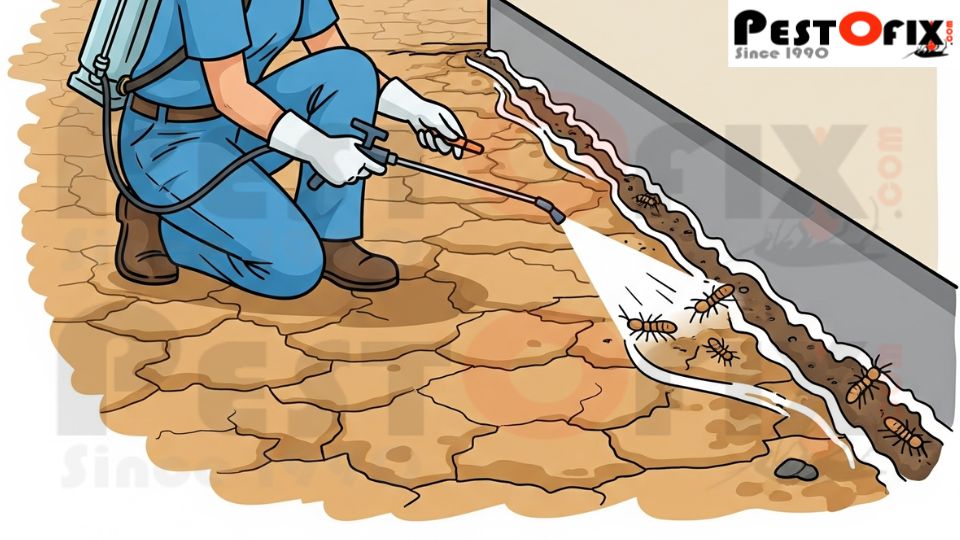 Technician spraying termite treatment on dry soil before monsoon