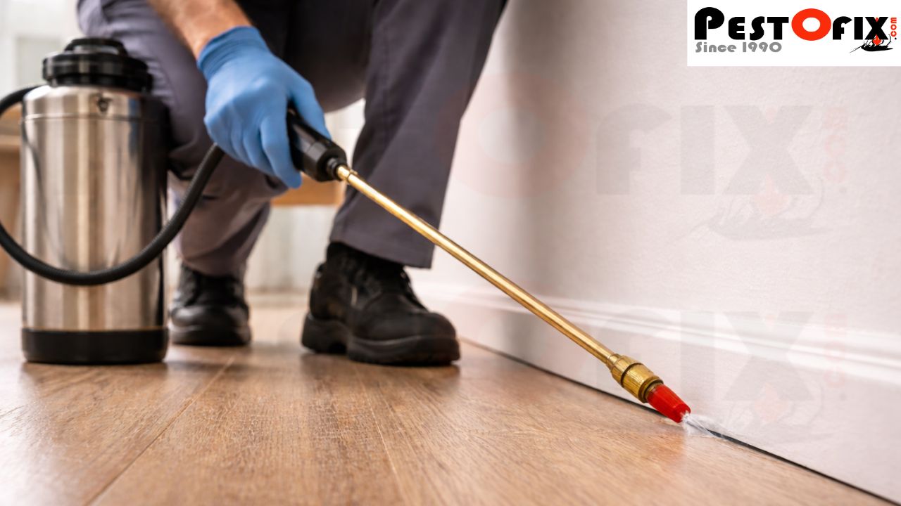 Precision pest control spray applied along skirting boards in a clean home using a professional spray pipe