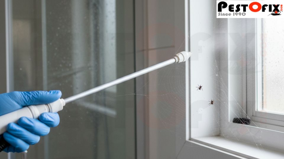 Professional applying spider treatment in bathroom with spray pipe targeting spider on web