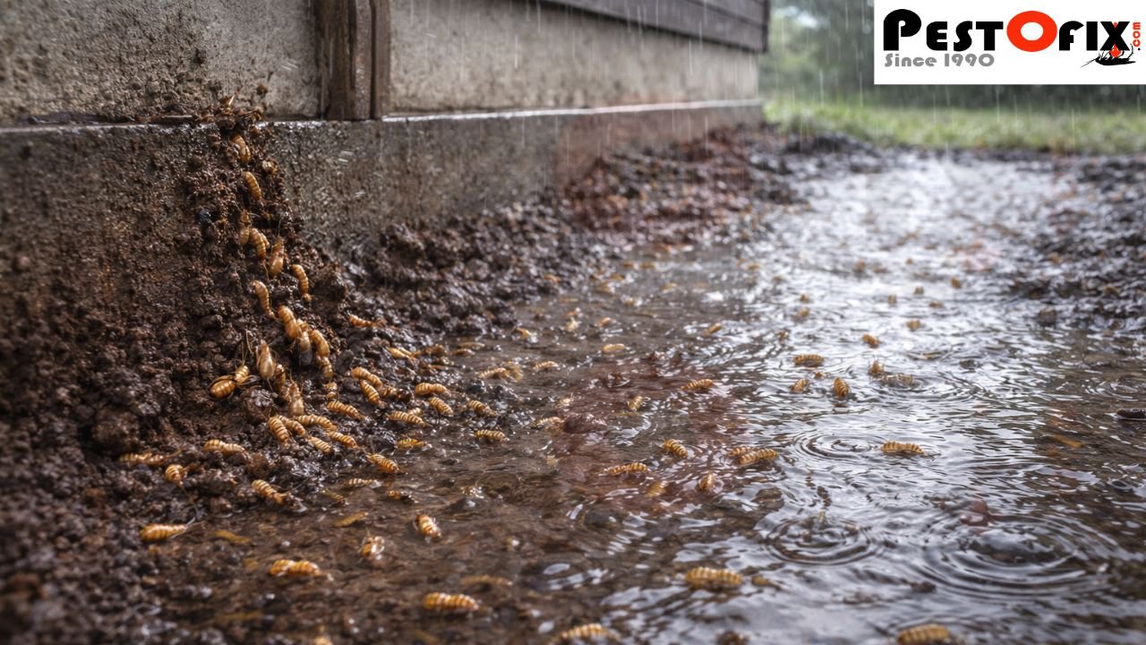 Termites emerging from waterlogged soil near a home foundation during heavy rain