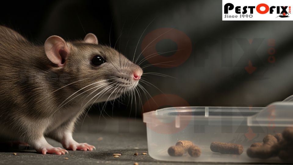 Rat sniffing and avoiding a bait station showing bait shyness and resistance