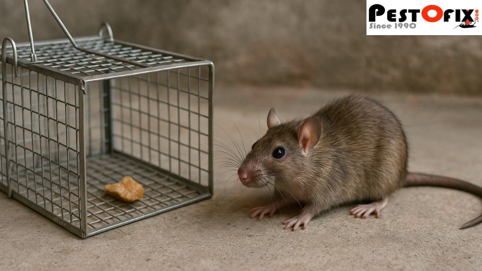 Rat avoiding a steel cage trap and smartly staying just outside the bait
