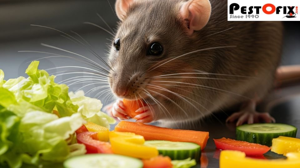 Fresh vegetables on a kitchen slab with visible rat bite marks and signs of contamination