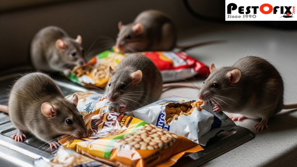 Rat gnawing through a torn food packet inside a kitchen pantry