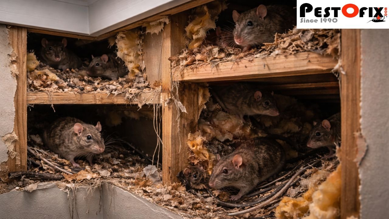 Multiple rats nesting inside wall and ceiling cavities of a residential home