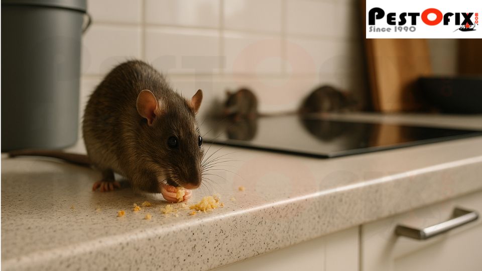 Rat eating crumbs in a modern Delhi NCR kitchen due to leftover food and open waste bins