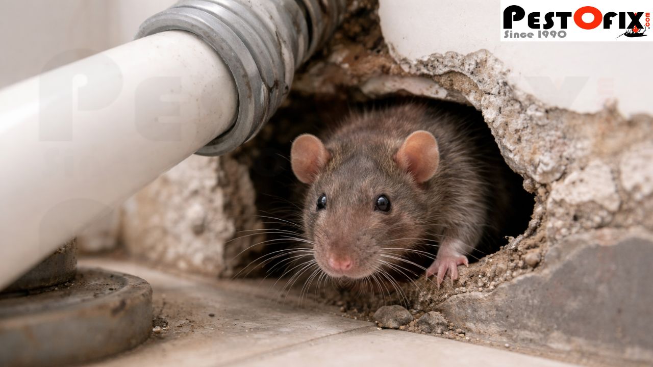 Rat squeezing through a small gap near drain pipe showing easy entry points in homes