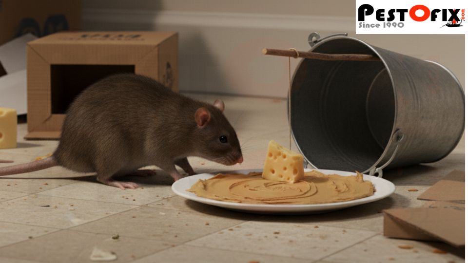 Brown rat sniffing or nibbling food bait next to a homemade trap on kitchen floor