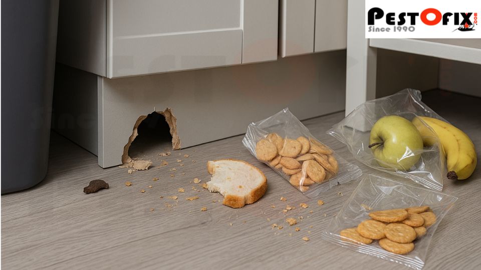 Damaged food packets and torn materials in a Delhi NCR kitchen caused by hidden rat activity