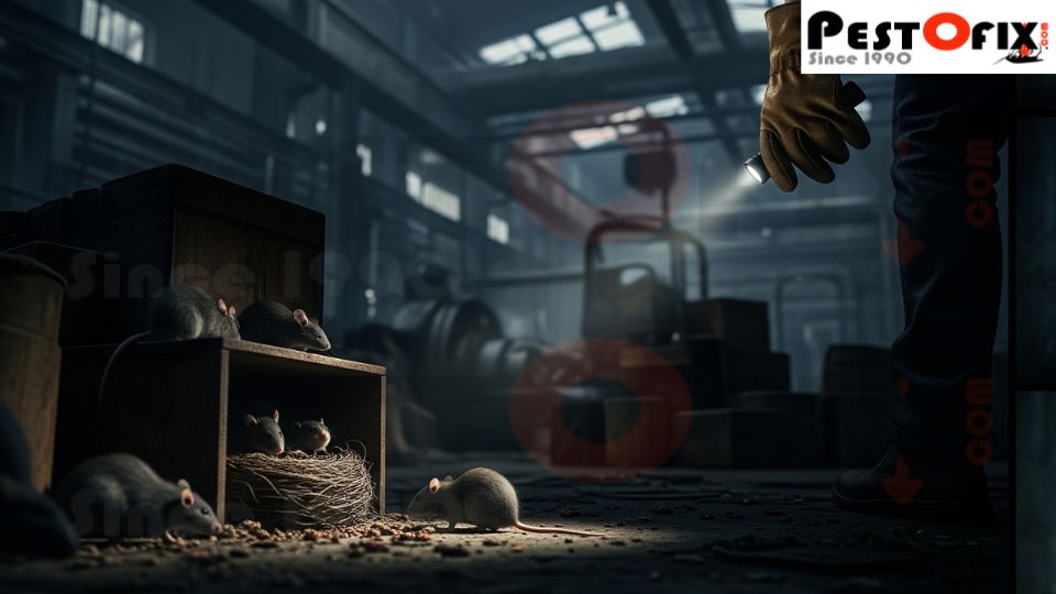 Man with flashlight inspecting a large factory for signs of rat infestation