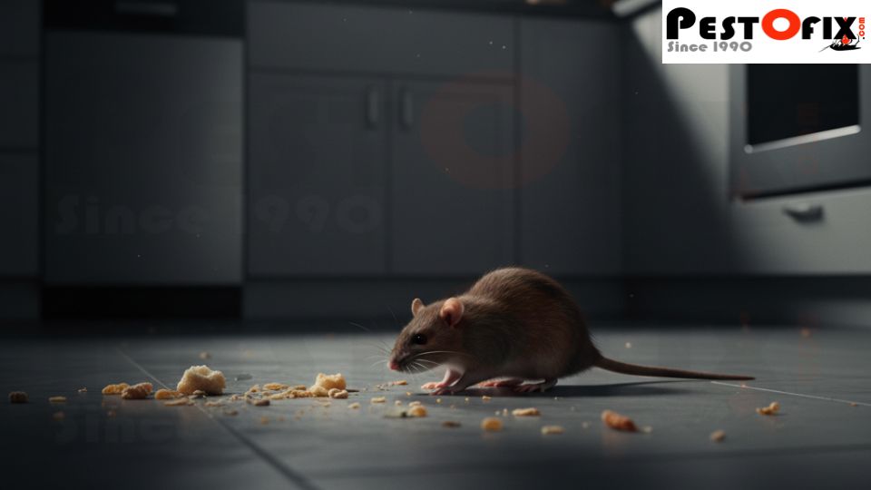 Brown rat sneaking on a kitchen floor at night near sink and food crumbs