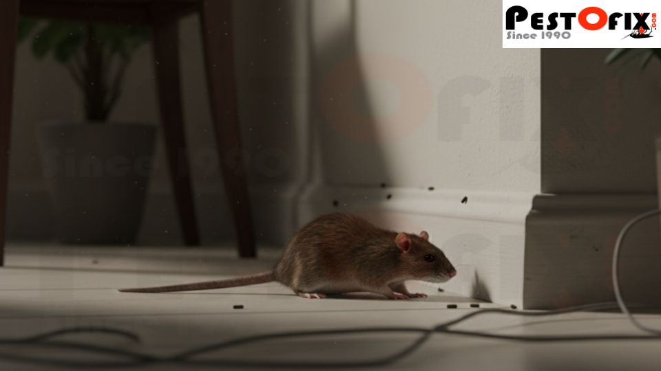Brown rat moving along walls under furniture, demonstrating cautious navigation