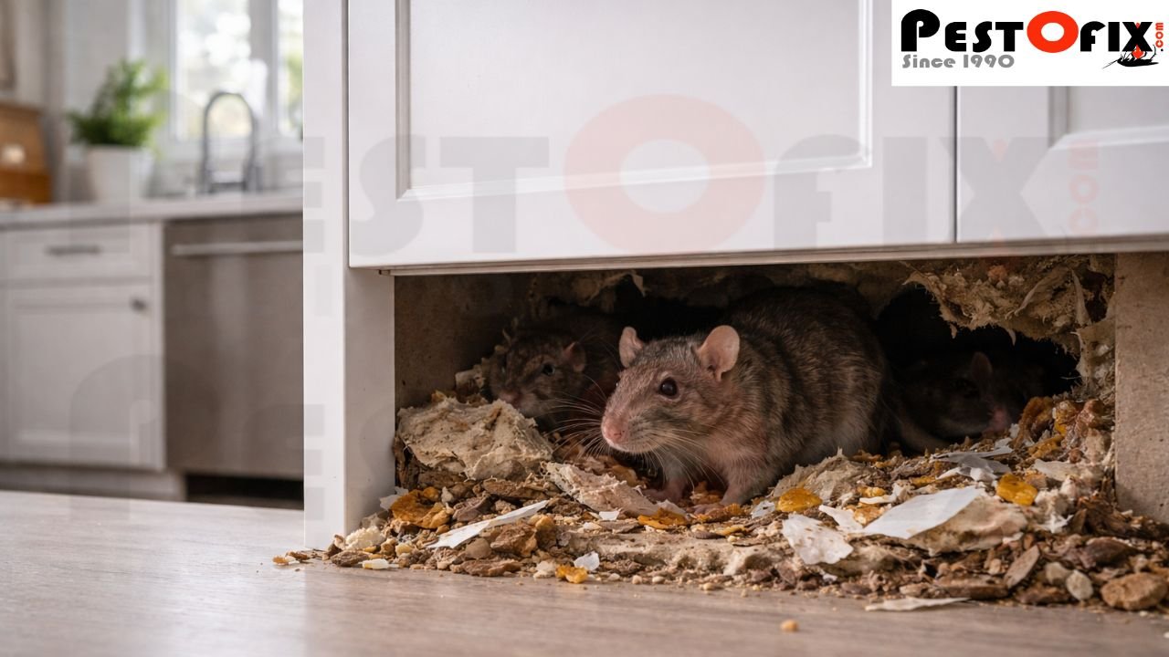 Hidden rat nesting behind kitchen cabinets in a clean residential home