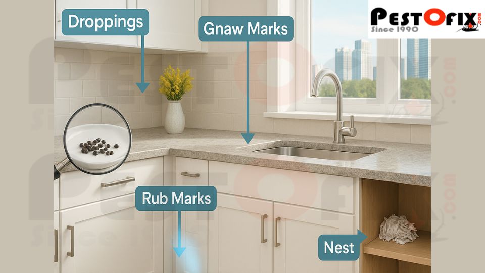 Clean, professional view of early rat signs — droppings, gnaw marks, rub marks, and nest — in a modern Gurgaon kitchen, with Pestofix expert inspection