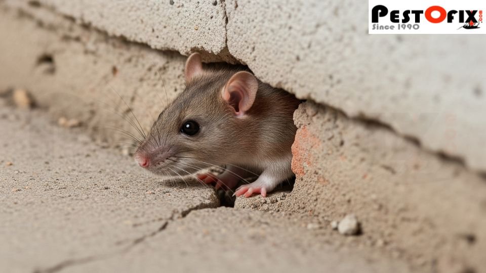 Close-up of a rat squeezing through a small crack in a wall