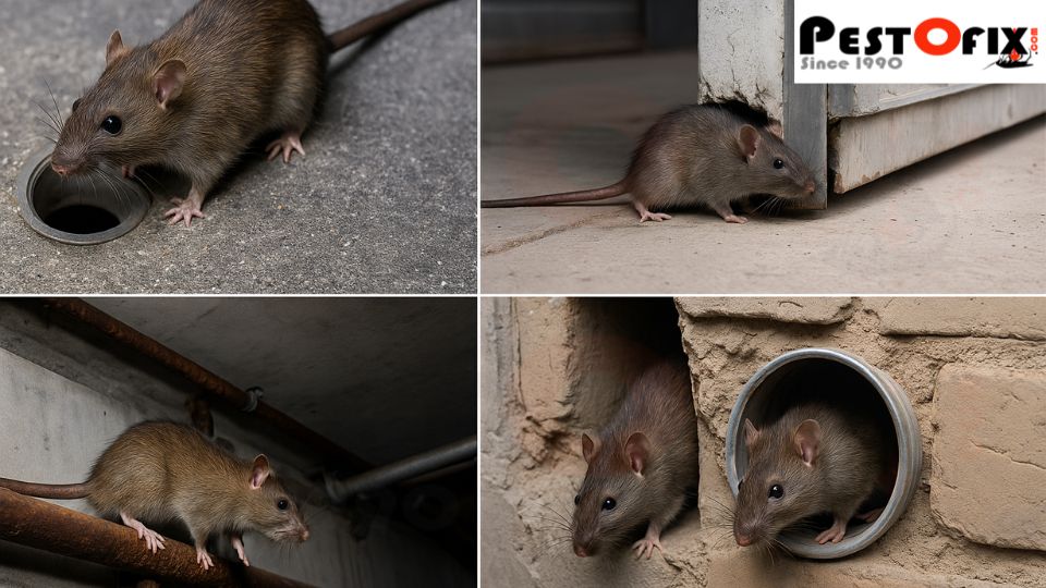 Four common rodent entry points in Delhi NCR commercial buildings including drainage lines, wall cracks, utility pipes, and door gaps