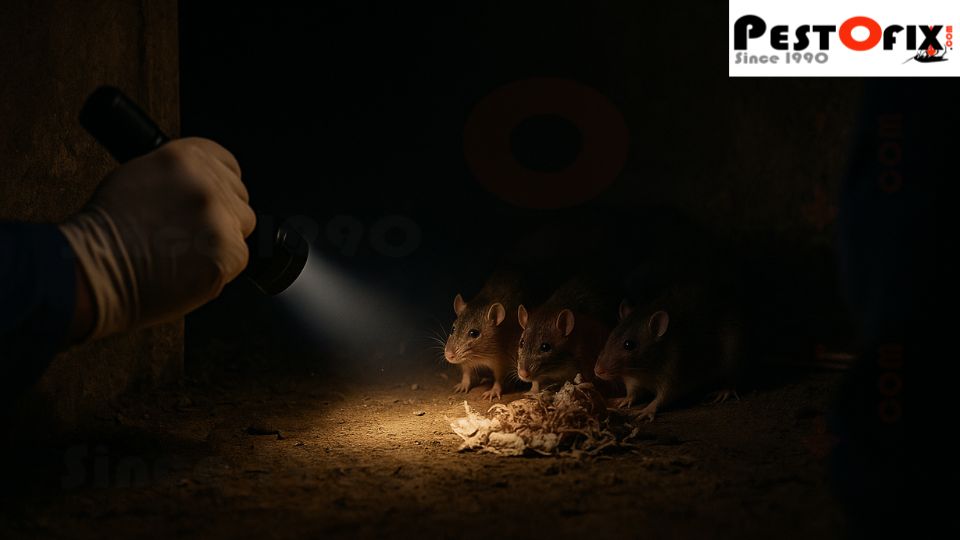 Technician’s flashlight revealing hidden rats and a small nest inside a dimly lit Delhi basement