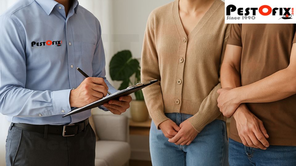 Technician discussing rodent treatment plan with warehouse owner using checklist in Delhi