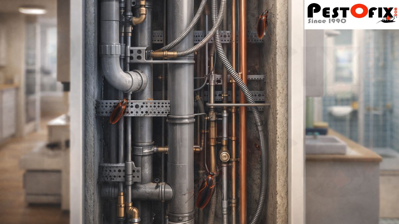 Pests moving through shared utility shafts and service ducts between apartments even after pest control treatment