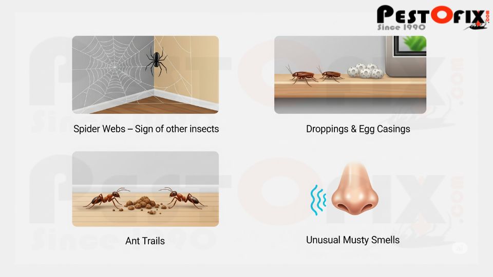 Infographic showing 4 signs of hidden pest infestation: spider webs, cockroach droppings, ant trails, and musty smells.